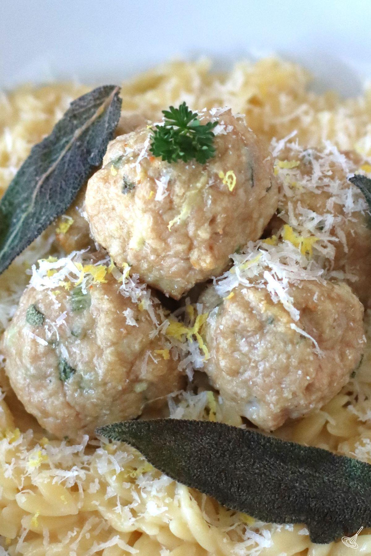 Sage Chicken Meatballs on a bed of lemon orzo.