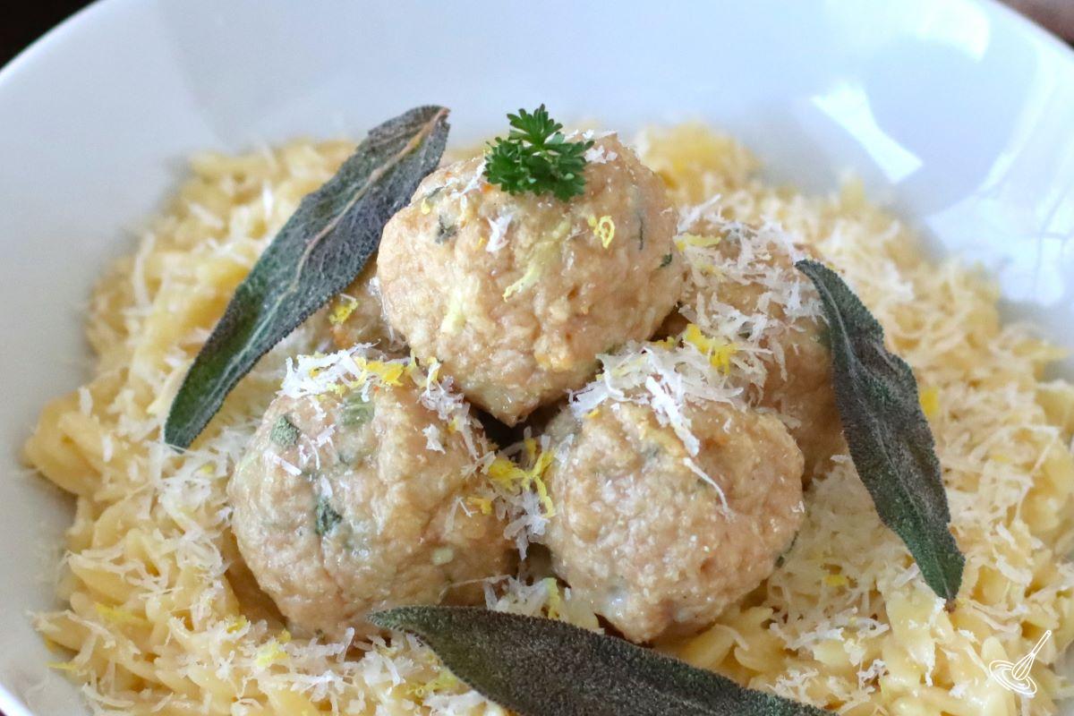 Sage Chicken Meatballs on a bed of Lemon Orzo.