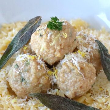 Sage Chicken Meatballs on a bed of Lemon orzo