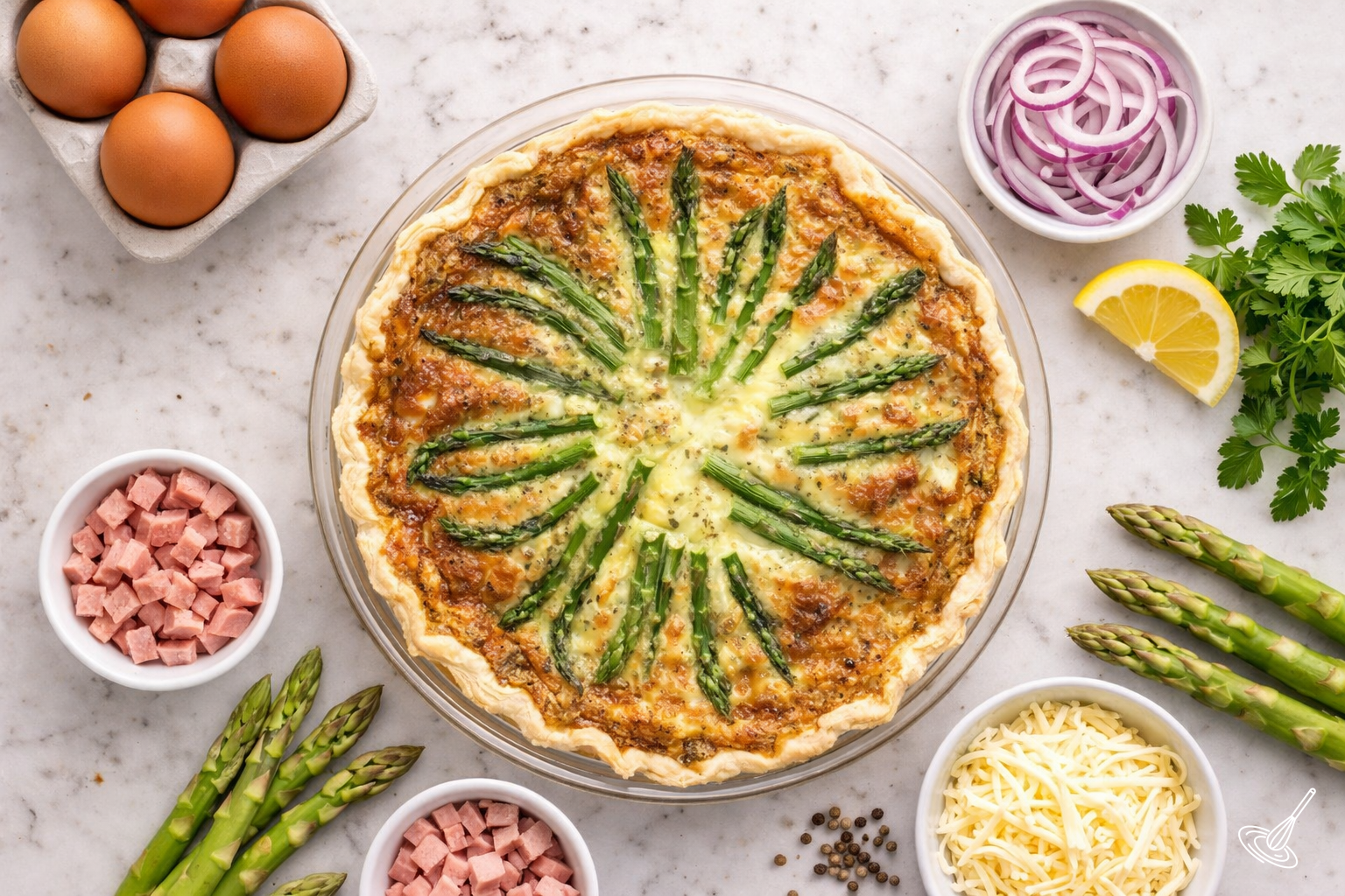 Vue de dessus d'une quiche entièrement cuite, entourée des ingrédients ayant servi à sa préparation.