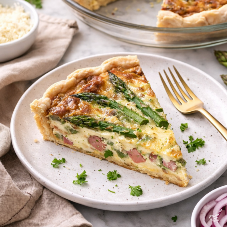 Ham and Asparagus Quiche slice on a plate.
