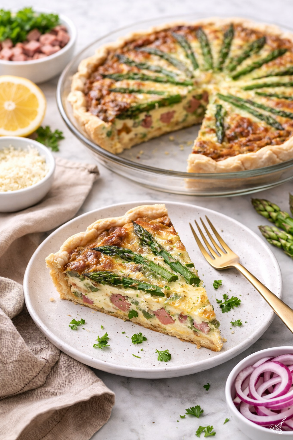 Une part de quiche au jambon et aux asperges sur une assiette, avec le plat à quiche en arrière-plan.