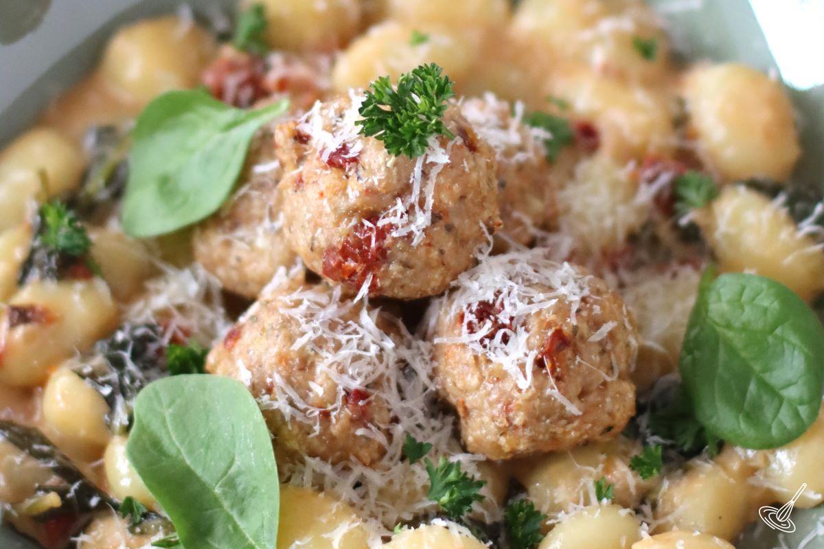 Tuscan Chicken Meatballs with Gnocchi in a serving dish.