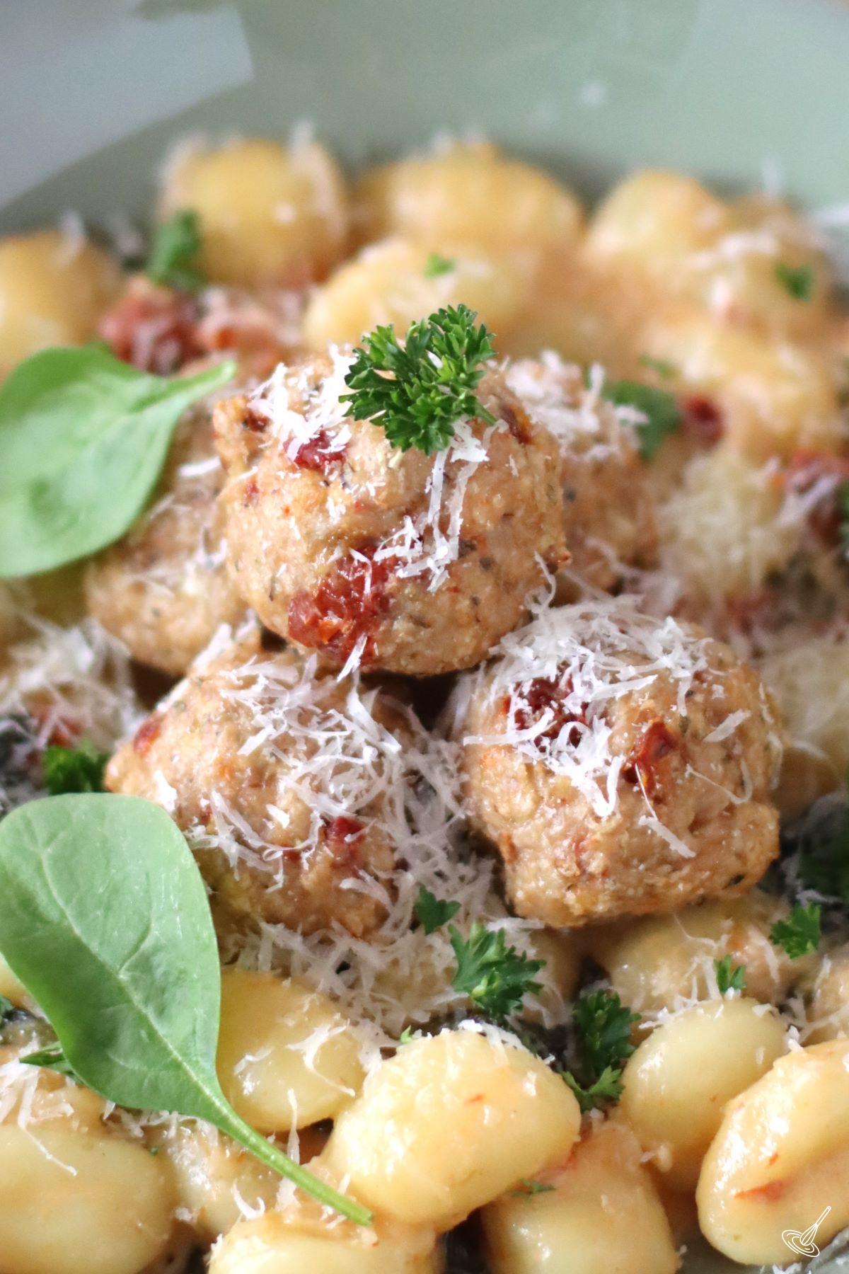 Tuscan Chicken Meatballs with Gnocchi in a serving bowl. 