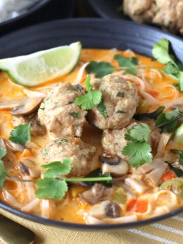 Thai inspired Chicken Meatball Soup in a bowl