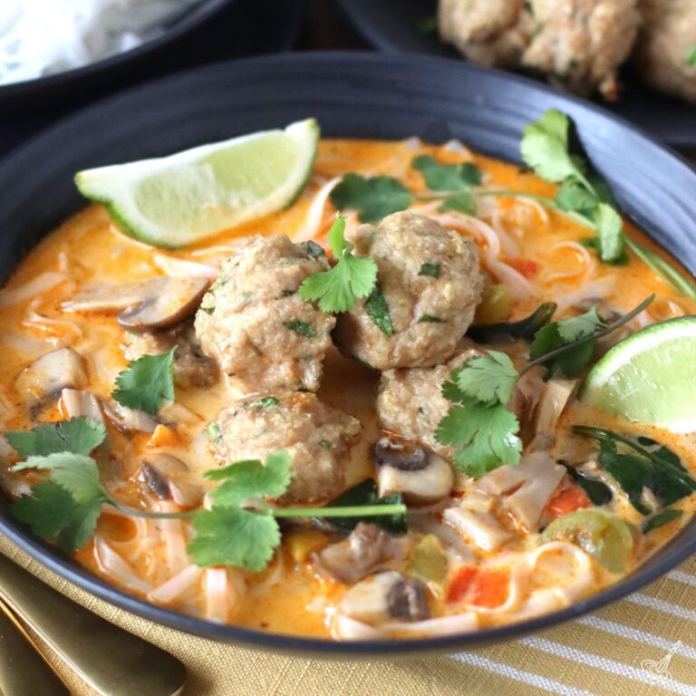 Thai inspired Chicken Meatball Soup in a bowl