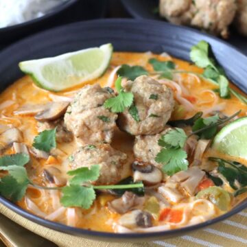 Thai Inspired Chicken Meatball Soup in a bowl.