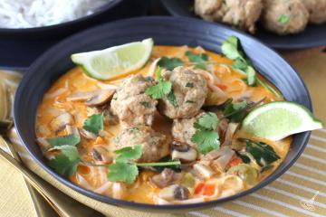 Thai Inspired Chicken Meatball Soup in a bowl.