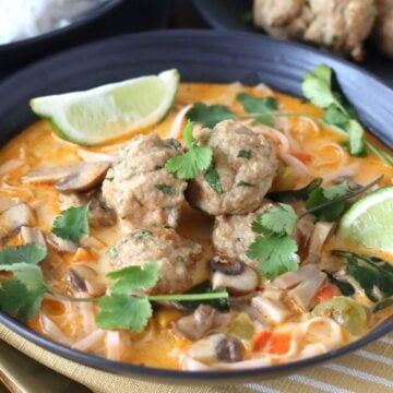 Thai Inspired Chicken Meatball Soup in a bowl.