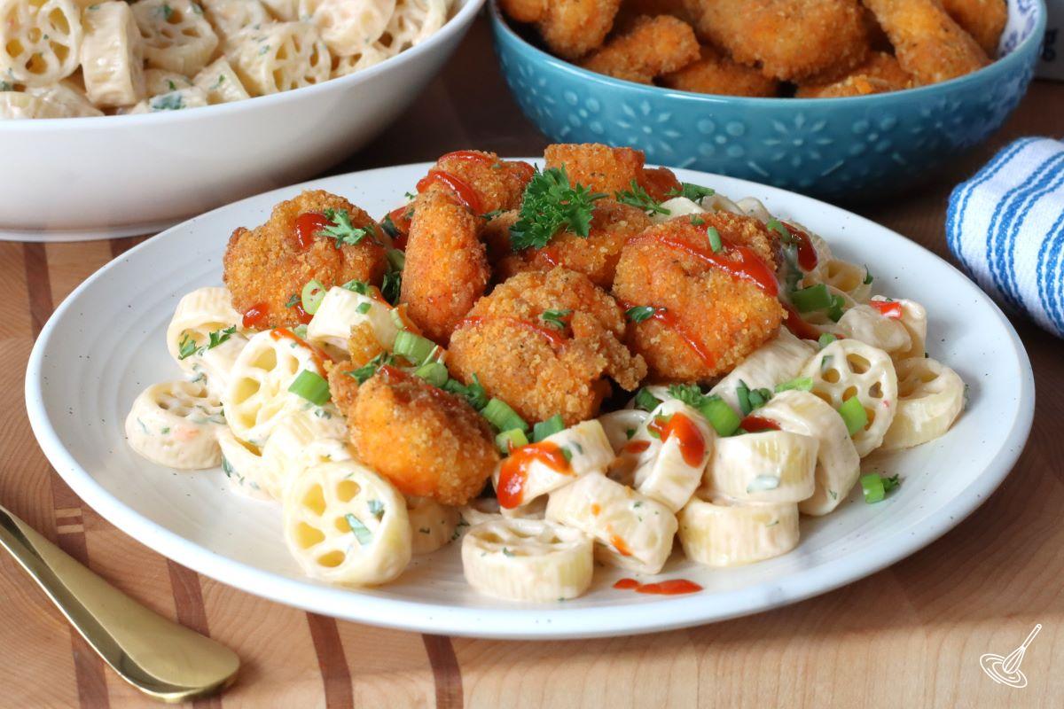 Bam Bam Shrimp Pasta Salad on a plate.