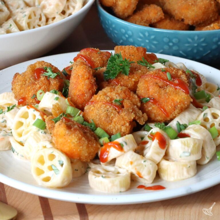 Bam Bam Shrimp Pasta Salad on a plate.