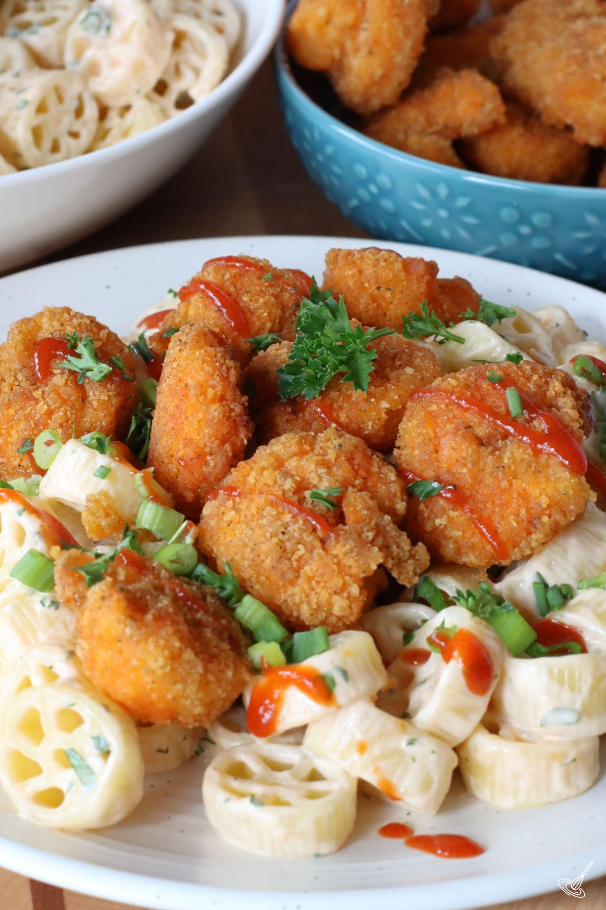 Bam Bam Shrimp Pasta Salad on a plate. 