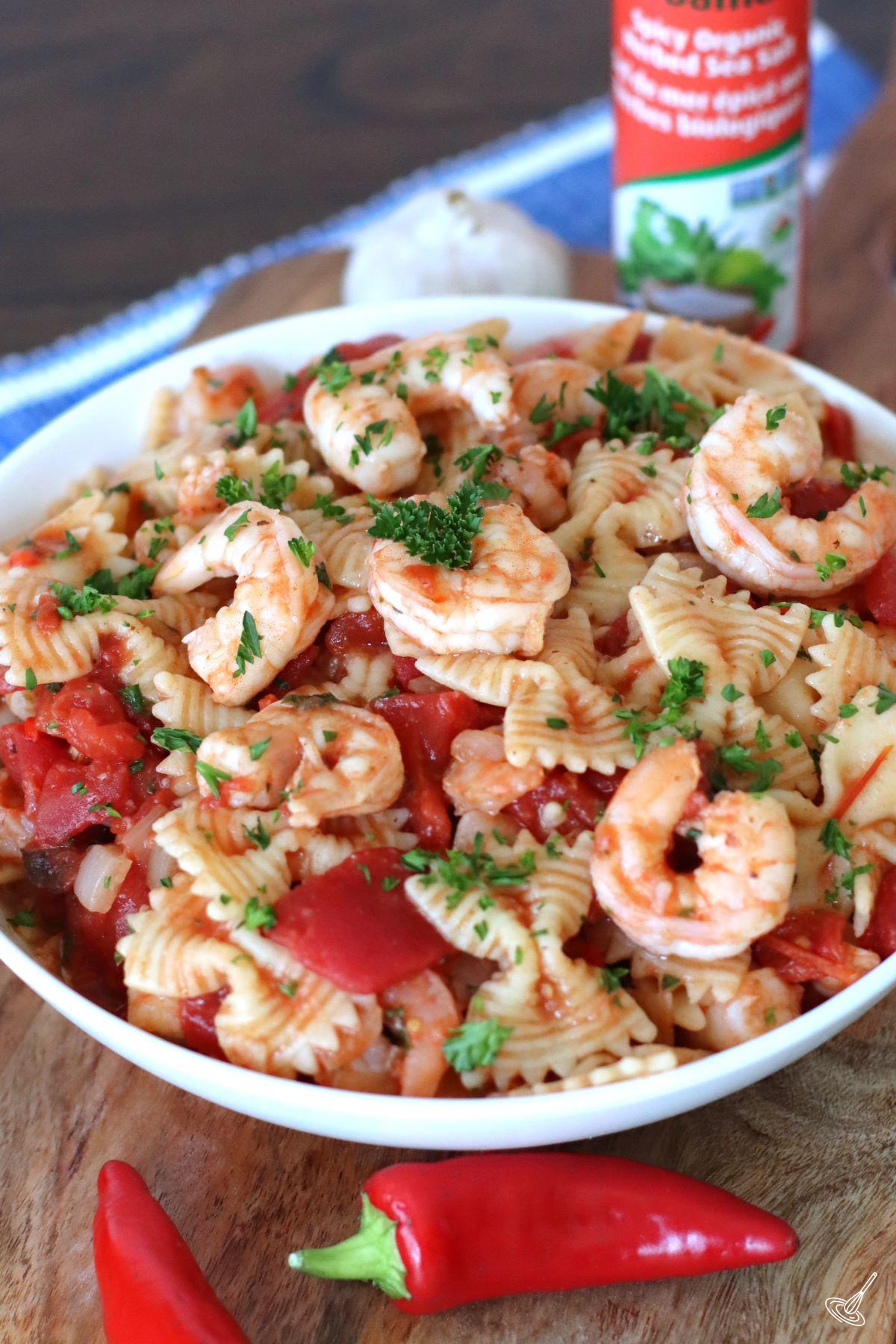 Pasta Arrabiata with Shrimp in a serving bowl. 