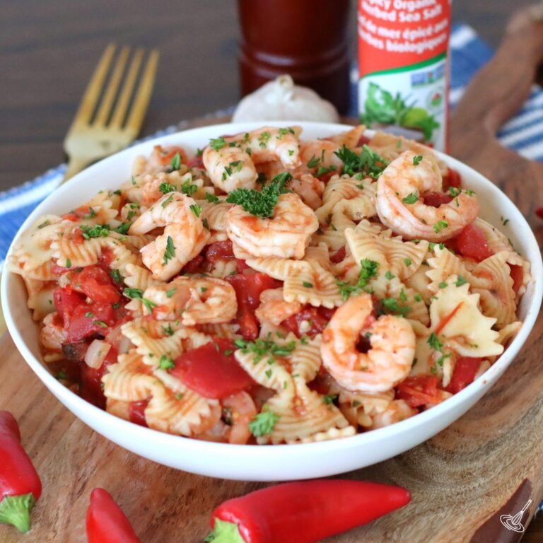 Pasta Arrabiata with Shrimp in a serving bowl.
