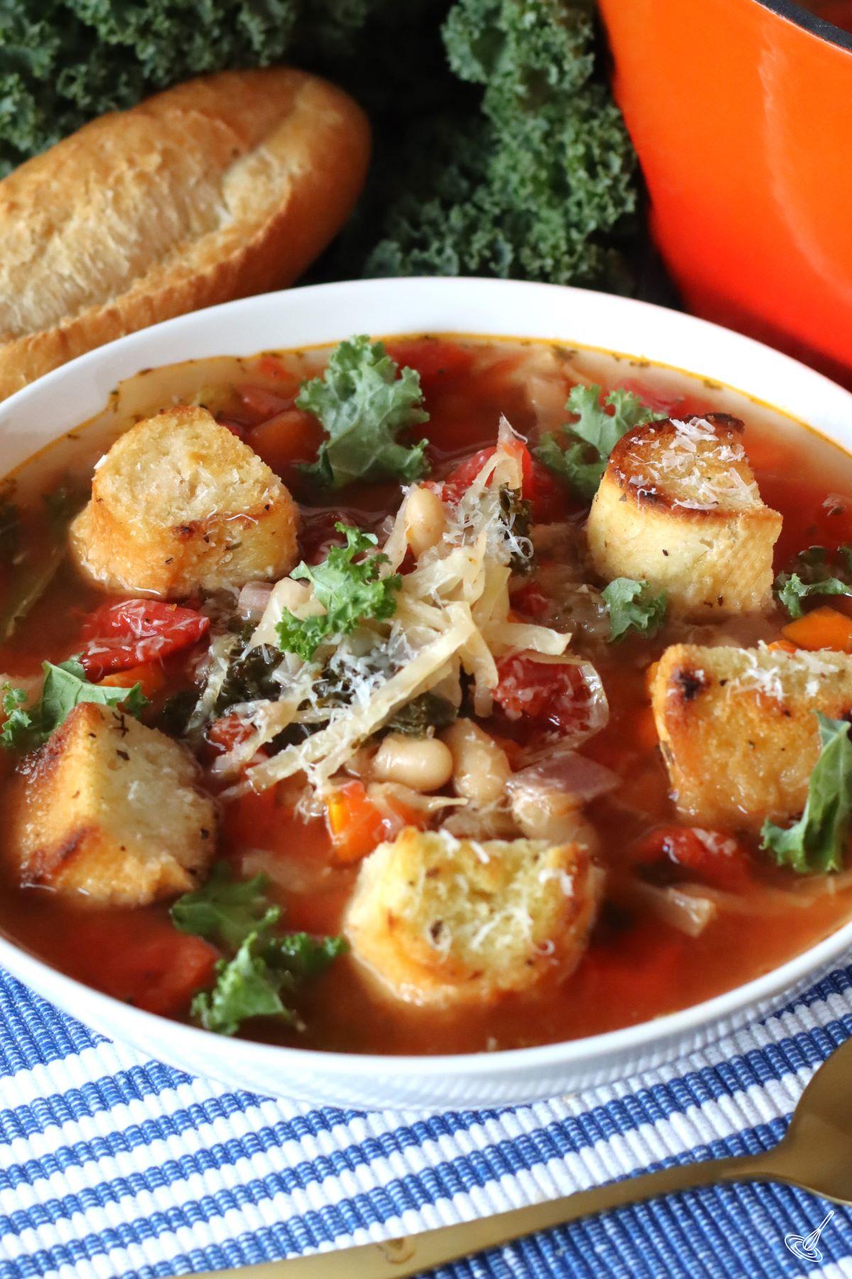 Cabbage and Kale Soup in a bowl.