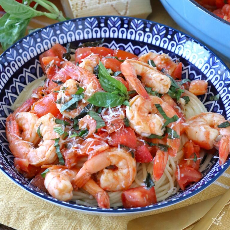 Bruschetta Shrimp Pasta in a serving bowl.