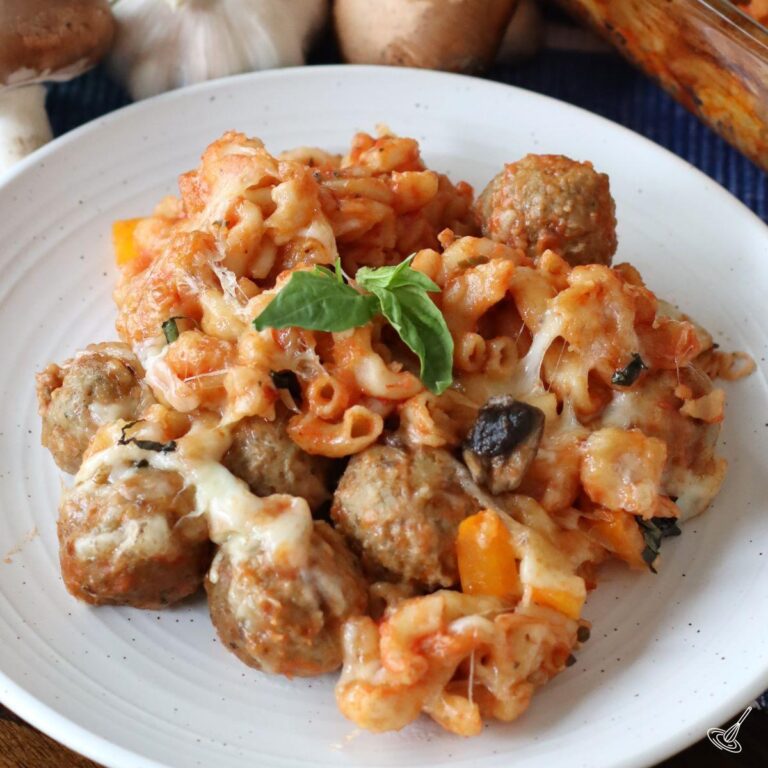 Dump and Bake Meatball Casserole on a plate.