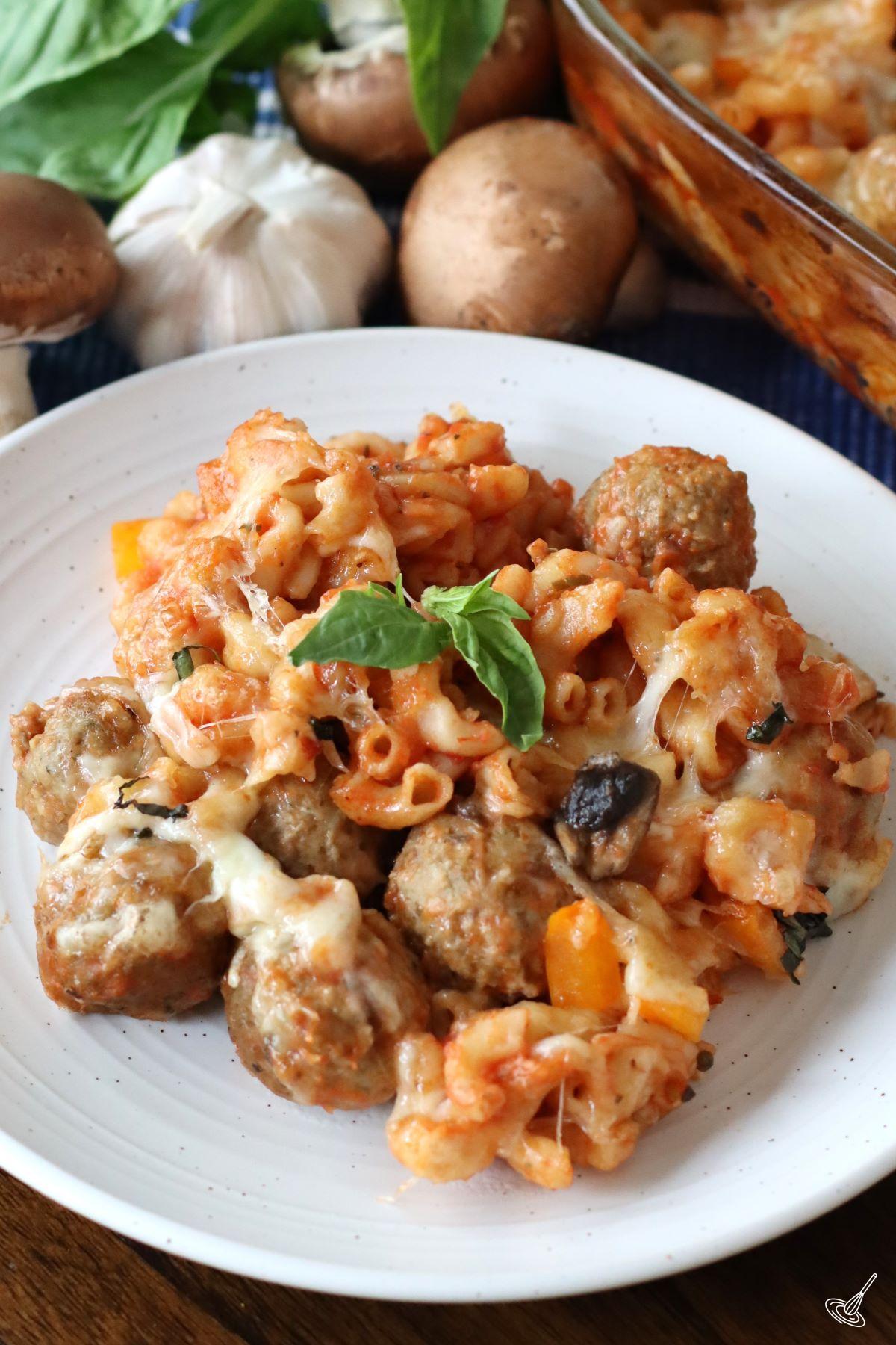Dump and Bake Meatball Casserole on a plate.