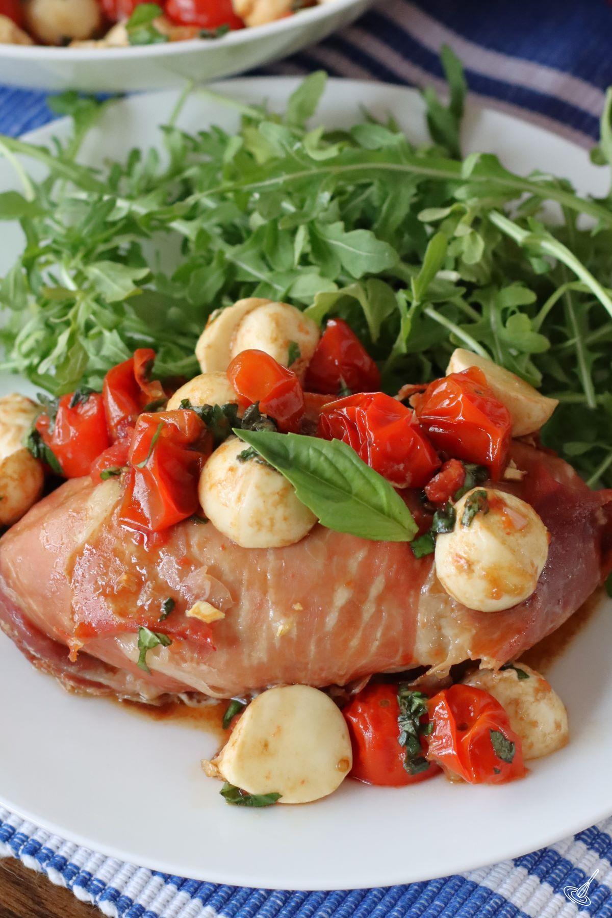 Caprese Chicken Saltimbocca on a plate.