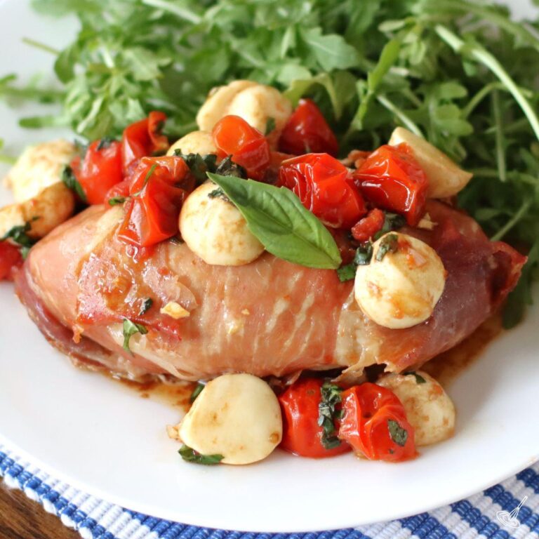Caprese Chicken Saltimbocca on a plate.