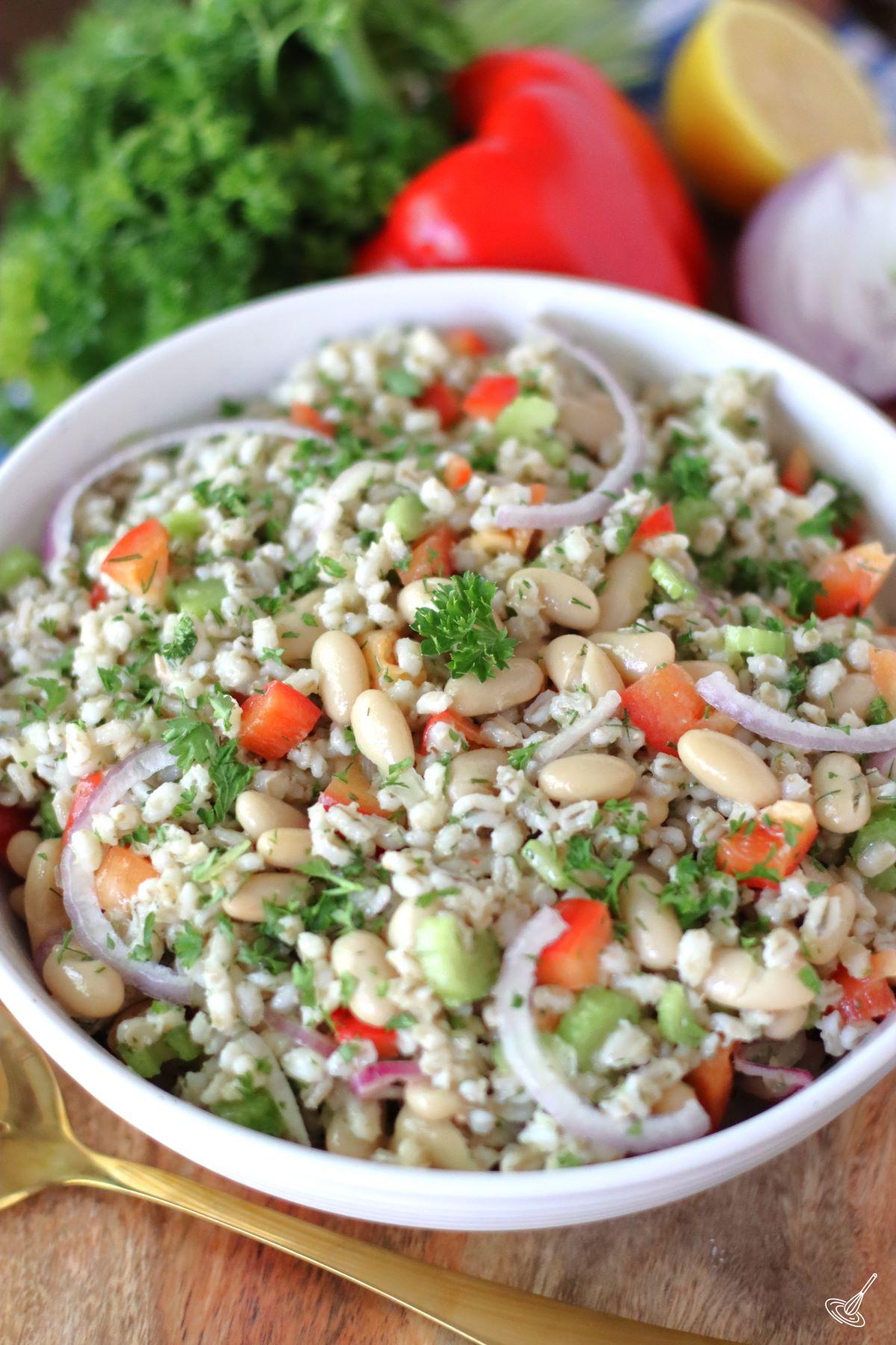 White Bean Barley Salad in a serving bowl. 