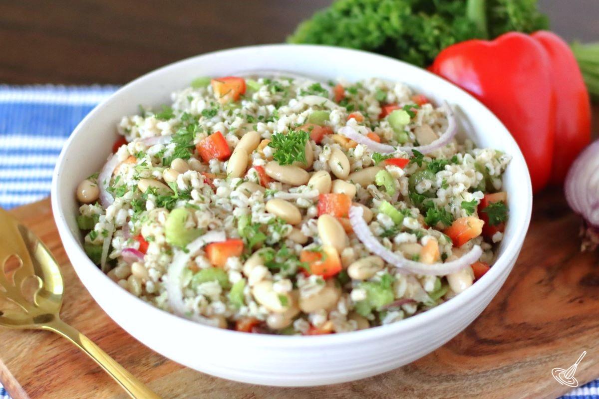 White Bean Barley Salad in a serving bowl. 