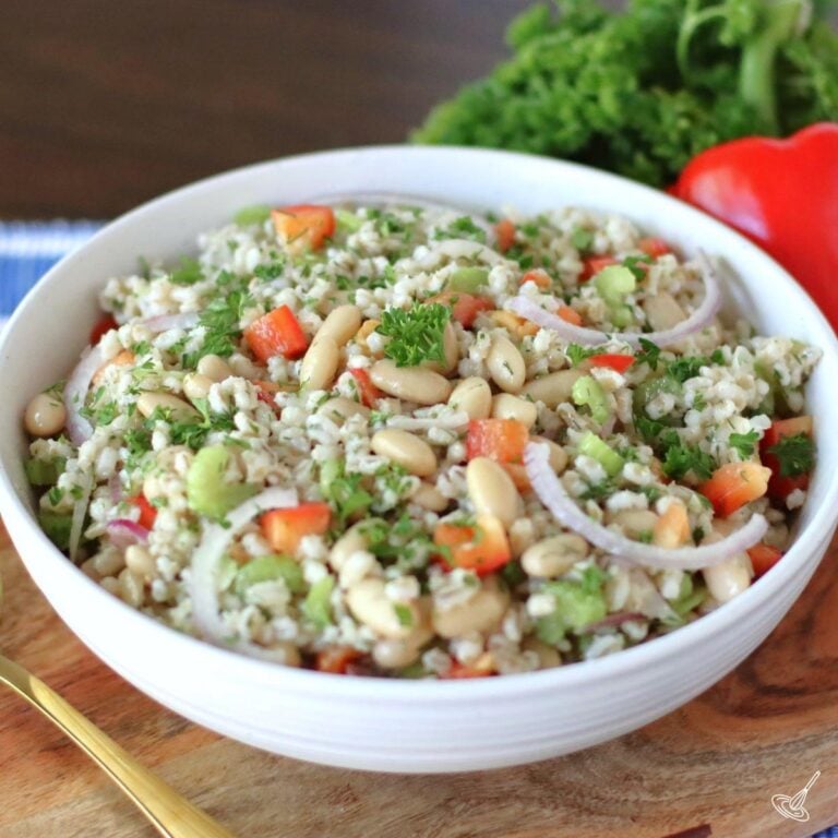 White Bean Barley Salad in a serving bowl.