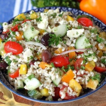 Mediterranean Barley Salad in a serving bowl.