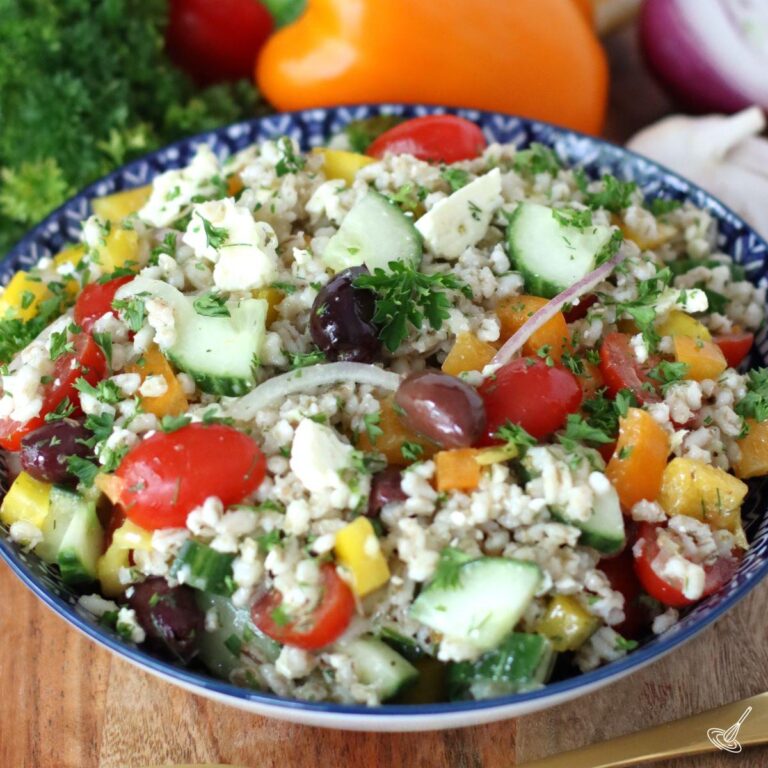 Mediterranean Barley Salad in a serving bowl.