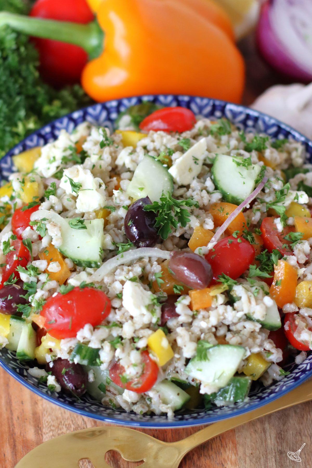 Mediterranean Barley Salad in a serving bowl.