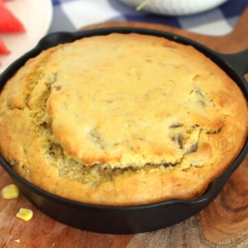 Banana Bread in a cast iron skillet.