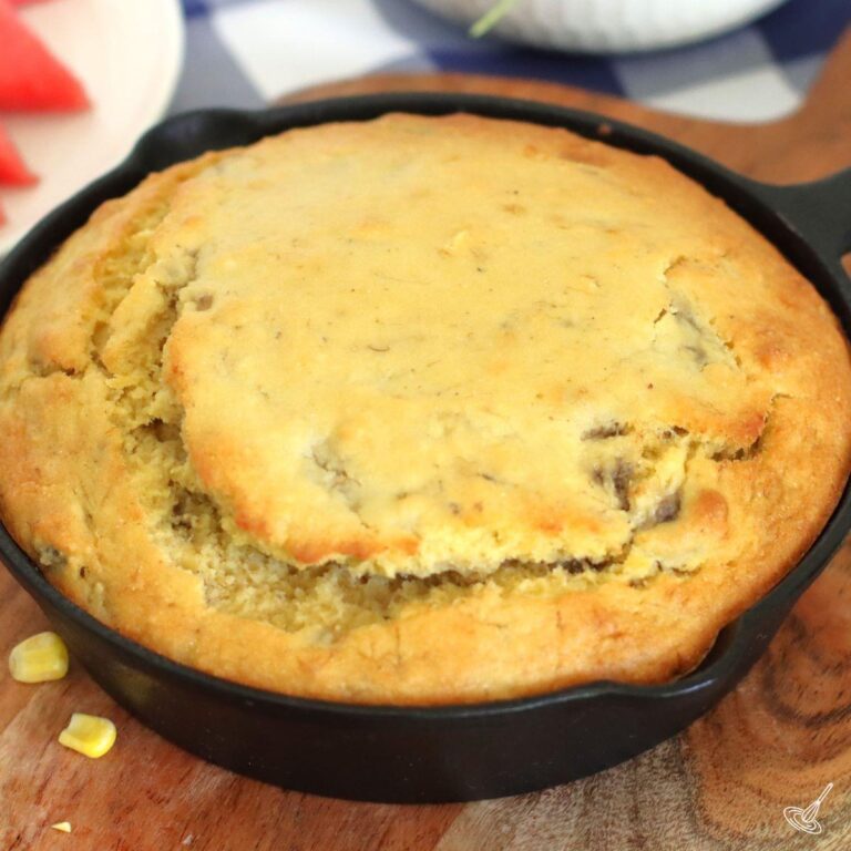 Banana Cornbread in a cast iron skillet.