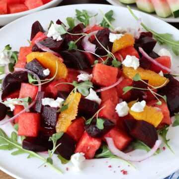Watermelon Beet Salad on a plate.
