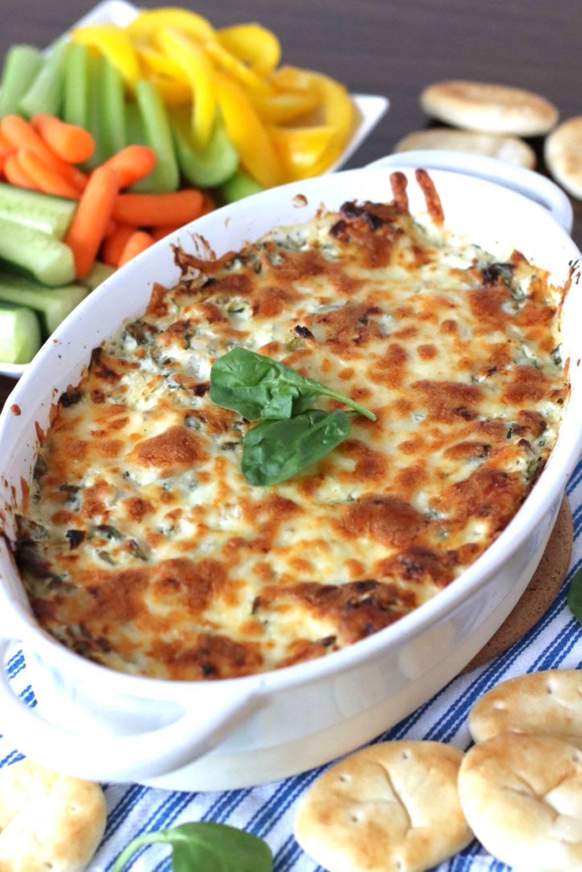 Spinach Artichoke Dip without mayo in a baking dish.