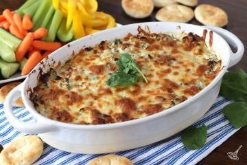 Spinach Artichoke Dip Without Mayo in a baking dish.