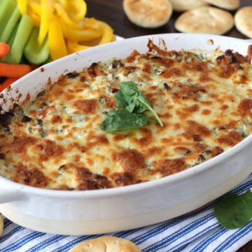 Spinach Artichoke Dip Without Mayo in a baking dish.
