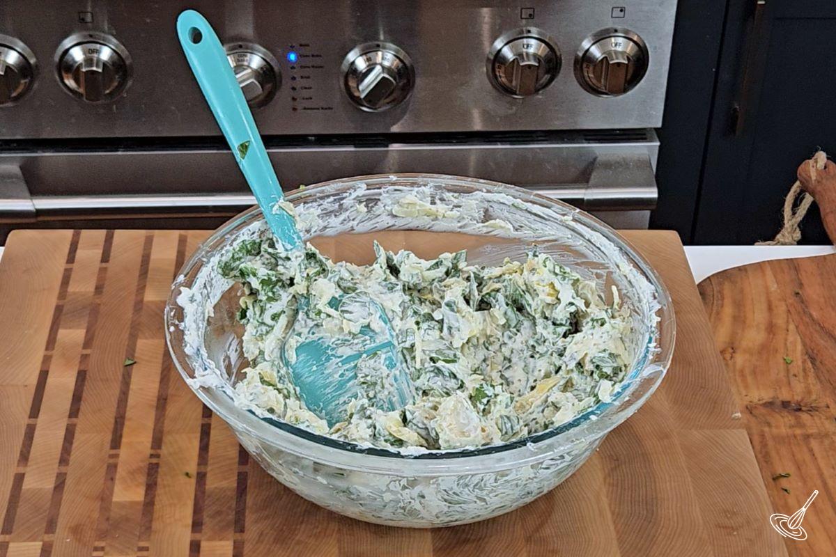 Artichoke Spinach dip without mayo in a bowl.