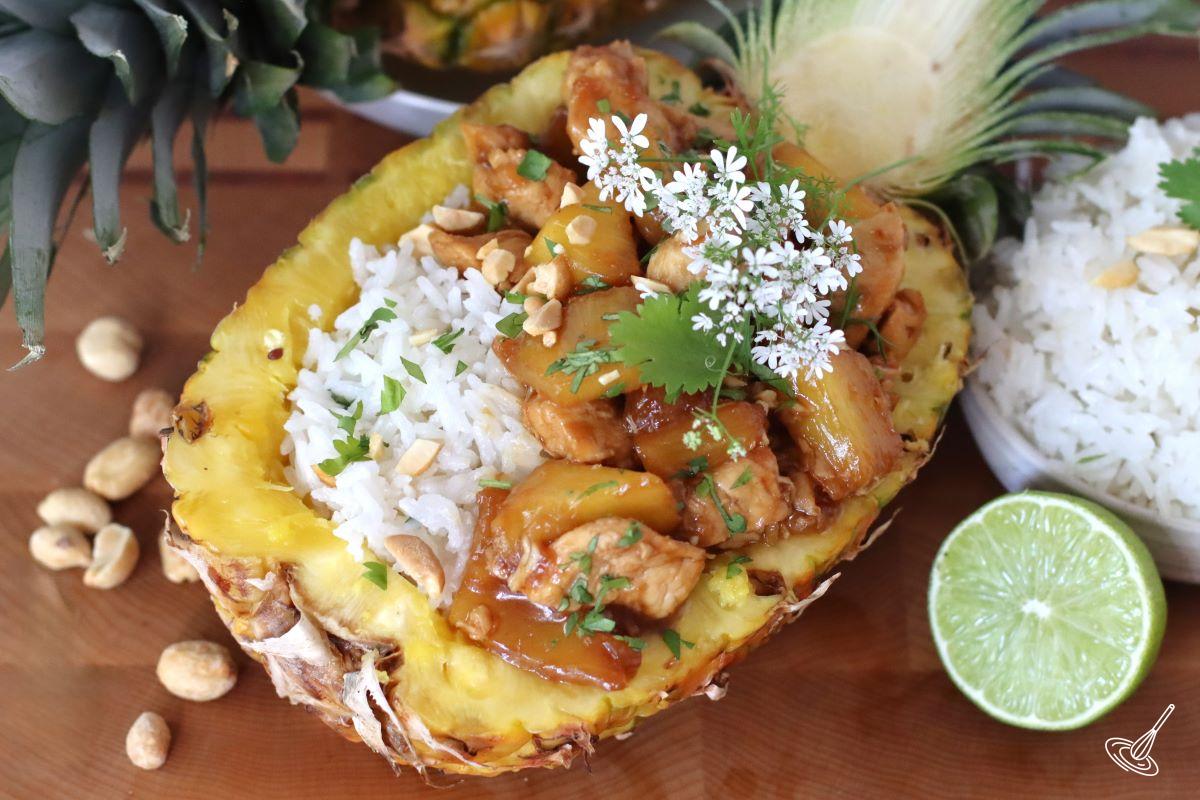 Chicken Teriyaki Pineapple Bowl on a platter.