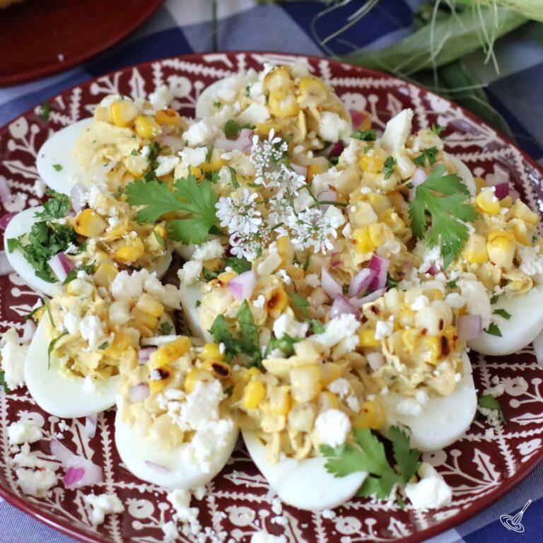 Mexican Street Corn Deviled Eggs on a plate.