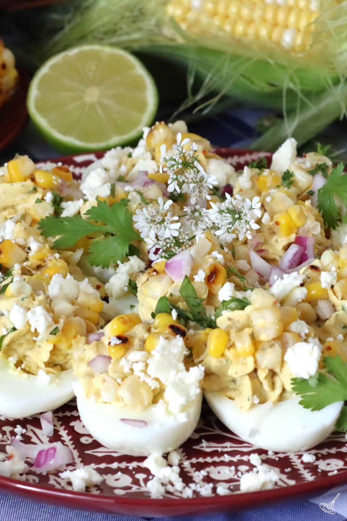 Mexican Street Corn Deviled Eggs on a plate. 