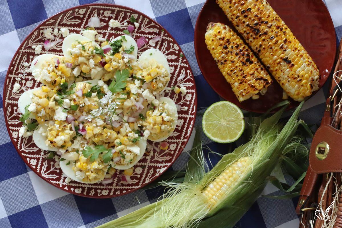 Mexican Street Corn Deviled Eggs on a plate. 