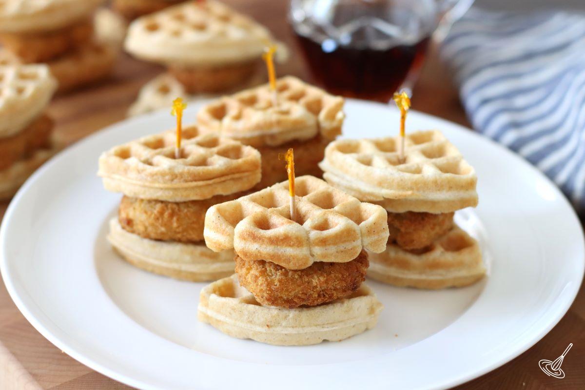 Mini Chicken and Waffles on a plate.