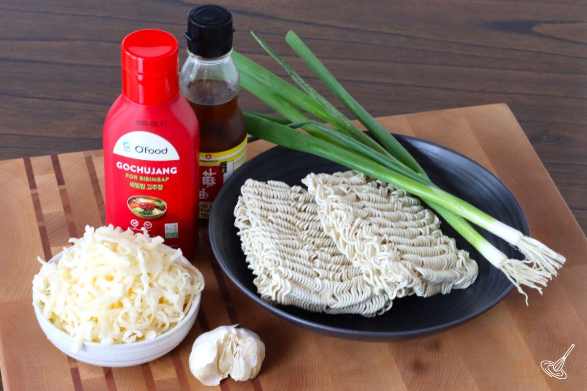 Ingredients to make Spicy Cheese Ramen. 