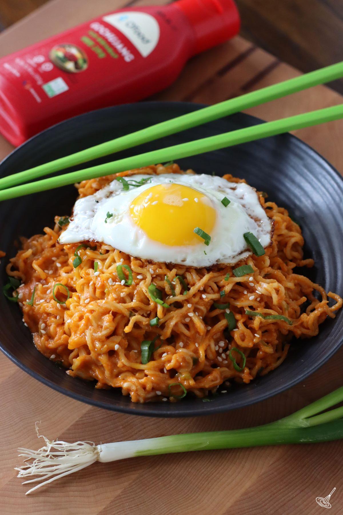 Spicy Cheese Ramen in a bowl.