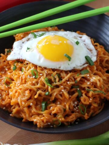 Spicy Cheese Ramen in a bowl.
