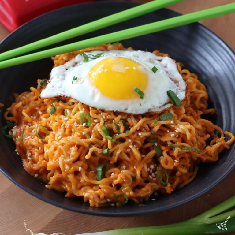 Spicy Cheese Ramen in a bowl.