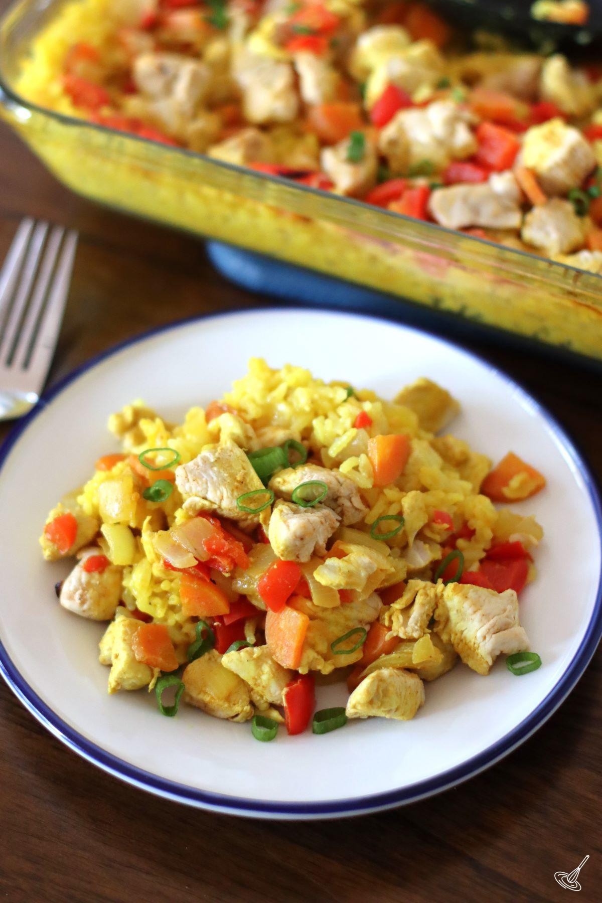 Chicken Yellow Rice Casserole on a plate. 