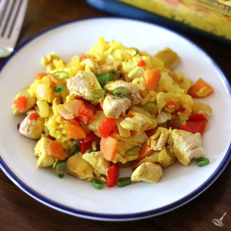Chicken Yellow Rice Casserole on a plate.