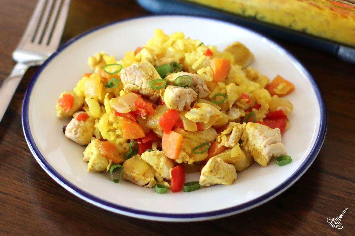 Chicken Yellow Rice Casserole served on a plate. 