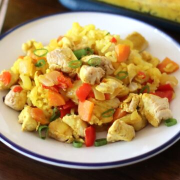 Chicken Yellow Rice Casserole on a plate.